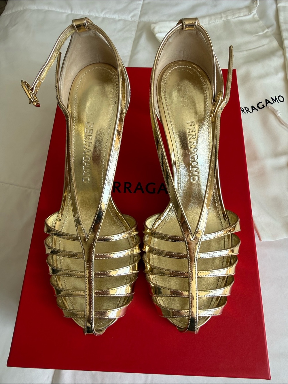 Salvatore Ferragamo Metallic Gold Slingback Heels - Brand New - WORN ONCE!